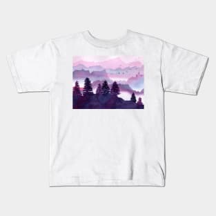 Dreamy Mountains with Fog in Pink and Indigo Kids T-Shirt